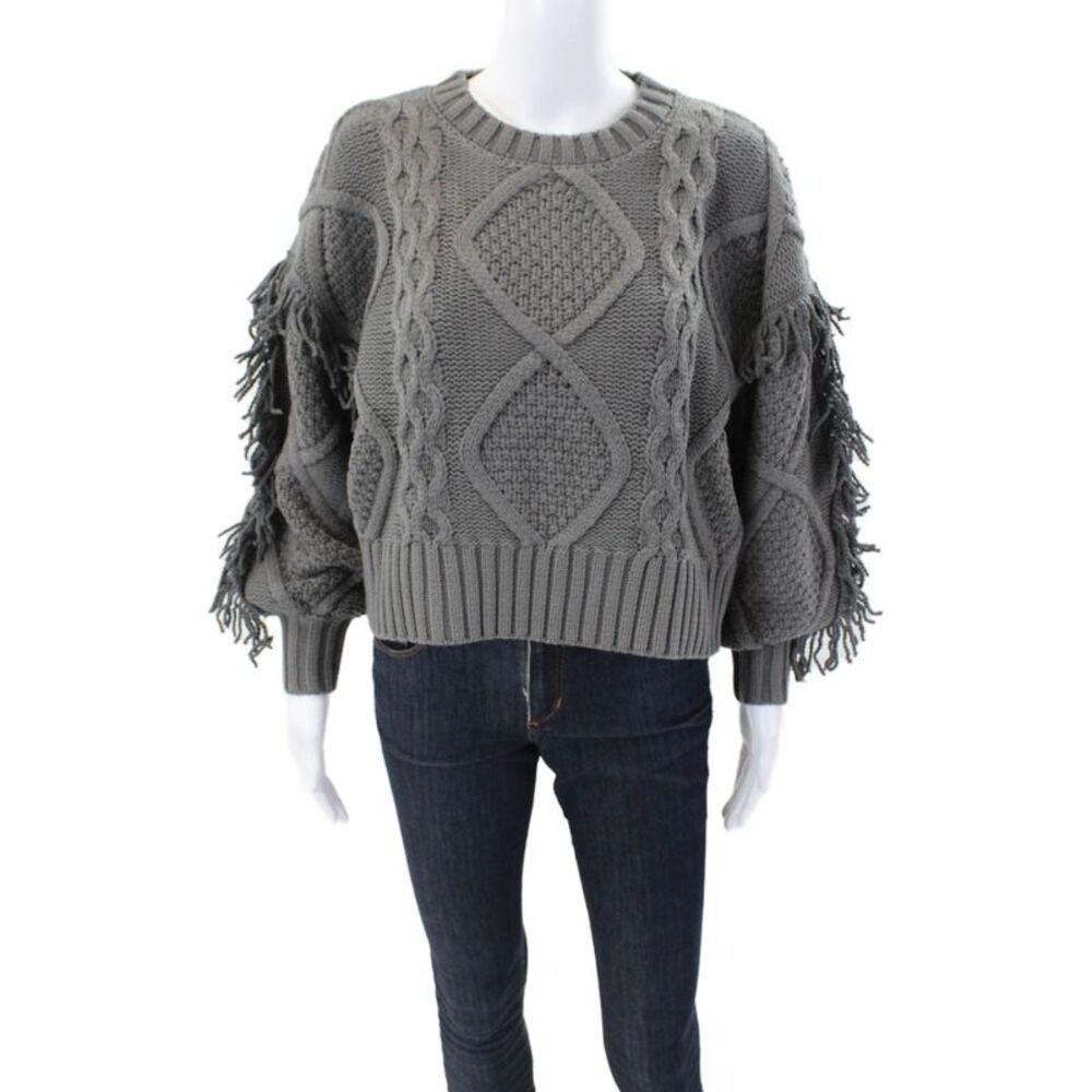 Line And Dot Womens Chunky Knit Crew Neck Fringe Cropped Sweater Gray Cotton XS